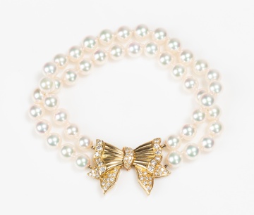 Cultured Pearl, 18K Gold and Diamond Bow Bracelet