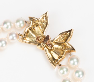 Cultured Pearl, 18K Gold and Diamond Bow Bracelet