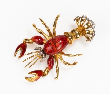 18K Gold, Enamel and Diamond Lobster Brooch