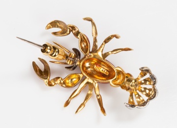 18K Gold, Enamel and Diamond Lobster Brooch