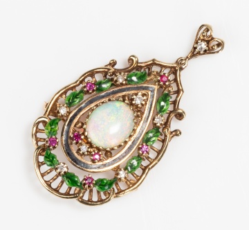 18K Gold, Opal, Enamel, Ruby and Diamond Pendant Brooch