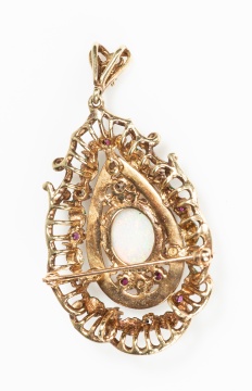 18K Gold, Opal, Enamel, Ruby and Diamond Pendant Brooch