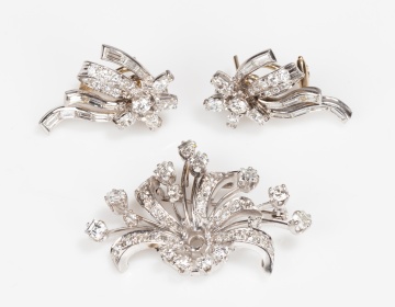 Platinum and Diamond Spray Brooch and Pair of Earclips