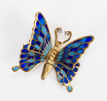 14K Gold, Plique-a-Jour Enamel and Diamond Butterfly Brooch