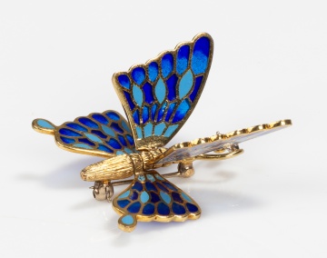 14K Gold, Plique-a-Jour Enamel and Diamond Butterfly Brooch