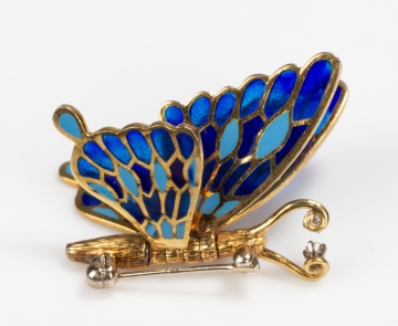 14K Gold, Plique-a-Jour Enamel and Diamond Butterfly Brooch