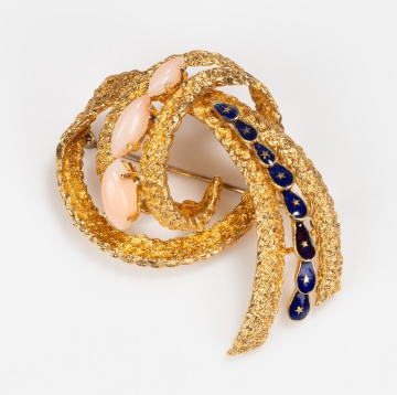 Italian 18K Gold, Angel Skin Coral and Enamel Ribbon Brooch