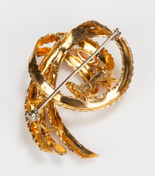 Italian 18K Gold, Angel Skin Coral and Enamel Ribbon Brooch