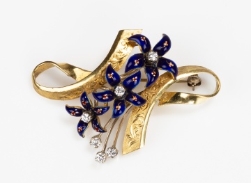 Italian 18K Gold, Enamel and Diamond Flower Spray Brooch
