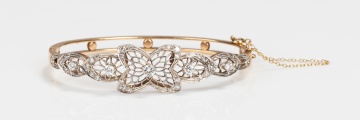 14K Gold and Diamond Filigree Hinged Bangle