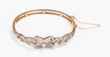 14K Gold and Diamond Filigree Hinged Bangle