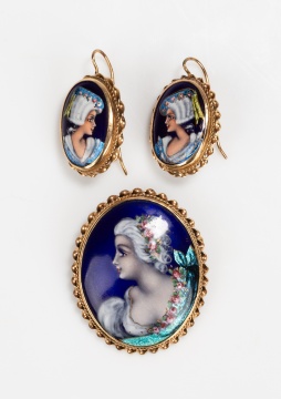 French 14K Gold and Painted Enamel Portrait Brooch and Pair of Earrings