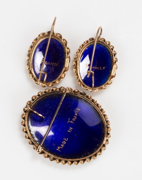 French 14K Gold and Painted Enamel Portrait Brooch and Pair of Earrings