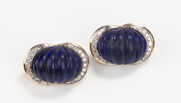 14K Gold, Carved Lapis Lazuli and Diamond Earclips
