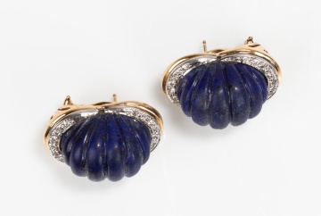 14K Gold, Carved Lapis Lazuli and Diamond Earclips