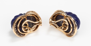 14K Gold, Carved Lapis Lazuli and Diamond Earclips
