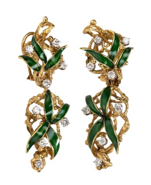 18K Gold, Enamel and Diamond Ear Pendants