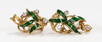 18K Gold, Enamel and Diamond Ear Pendants