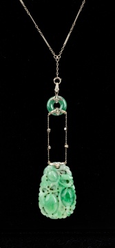 Art Deco 14K White Gold, Natural Carved Jade and Diamond Pendant Necklace