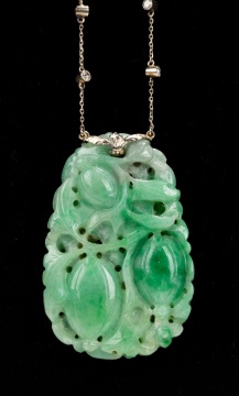 Art Deco 14K White Gold, Natural Carved Jade and Diamond Pendant Necklace