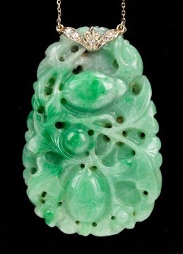 Art Deco 14K White Gold, Natural Carved Jade and Diamond Pendant Necklace