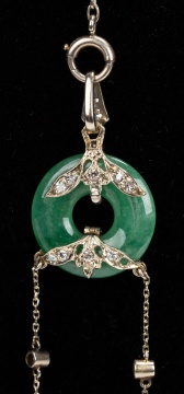 Art Deco 14K White Gold, Natural Carved Jade and Diamond Pendant Necklace
