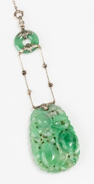 Art Deco 14K White Gold, Natural Carved Jade and Diamond Pendant Necklace
