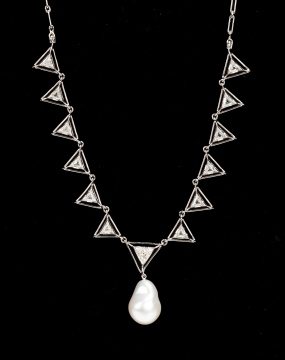 Platinum, 14K Gold, Baroque South Sea Pearl and Diamond Necklace