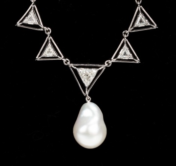 Platinum, 14K Gold, Baroque South Sea Pearl and Diamond Necklace