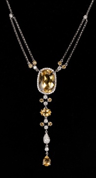 18K White Gold, Citrine and Diamond Pendant Necklace