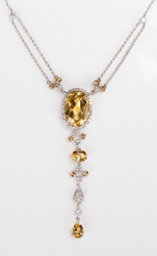 18K White Gold, Citrine and Diamond Pendant Necklace