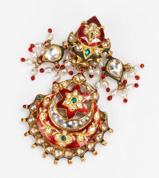 Indian Rajasthan Gem-Set, Enamel and Pearl Chandbali Earring