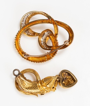18K Gold and Diamond Knot Brooch and a Gold Serpent Pendant with Turquoise Eyes