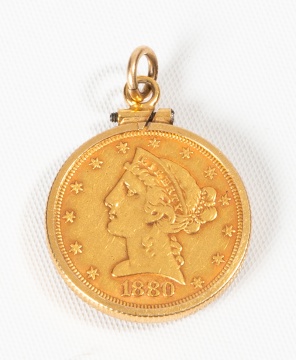 1881 Liberty Head $5 Gold Half Eagle in 14K Gold Pendant Mount