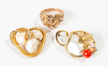 Art Nouveau Gold Jewelry: Lion's Head Ring and Two Baroque Pearl Brooches