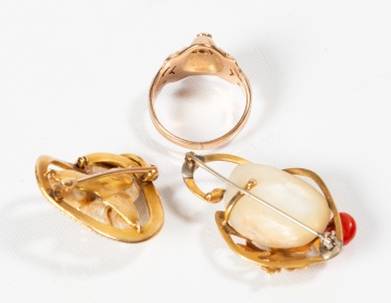 Art Nouveau Gold Jewelry: Lion's Head Ring and Two Baroque Pearl Brooches