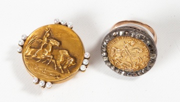 St. George Gold Coin Ring with Rose-Cut Diamond Surround and an Art Nouveau 14K Gold Medallion Brooch with Seed Pearls