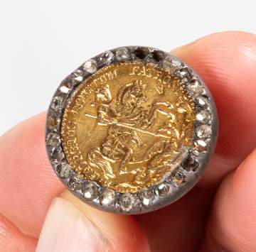 St. George Gold Coin Ring with Rose-Cut Diamond Surround and an Art Nouveau 14K Gold Medallion Brooch with Seed Pearls