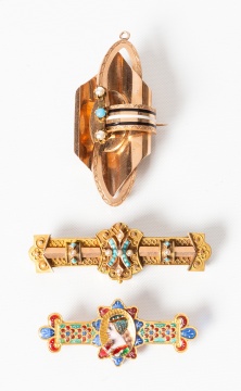 Three Victorian 14K Gold Brooches, One with Limoges-Type Enamel Portrait