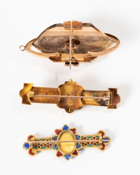 Three Victorian 14K Gold Brooches, One with Limoges-Type Enamel Portrait