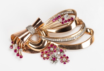 Retro 14K Two-Tone Gold, Natural Ruby and Diamond Bow Brooch