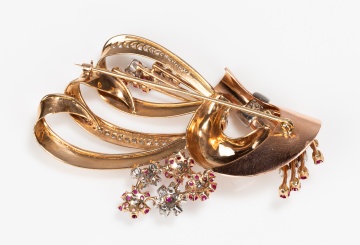 Retro 14K Two-Tone Gold, Natural Ruby and Diamond Bow Brooch