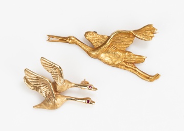 14K Gold Flying Geese Brooch and an 18K Gold Heron Brooch