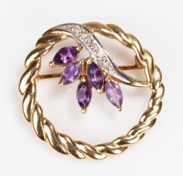 14K Gold, Amethyst and Diamond Circle Brooch