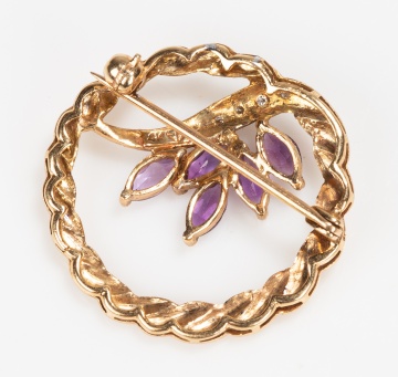 14K Gold, Amethyst and Diamond Circle Brooch