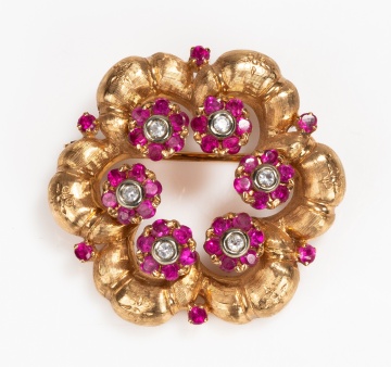 18K Gold, Natural Ruby and Diamond Wreath Brooch