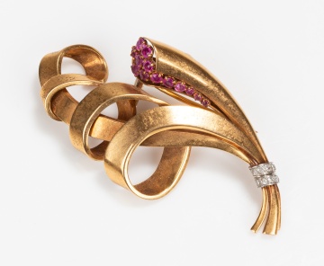 French 18K Gold, Natural Ruby and Diamond Spray Clip Brooch