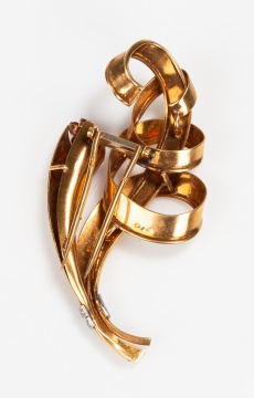 French 18K Gold, Natural Ruby and Diamond Spray Clip Brooch