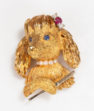 18K Gold, Sapphire, Natural Ruby, Diamond and Seed Pearl Poodle Brooch