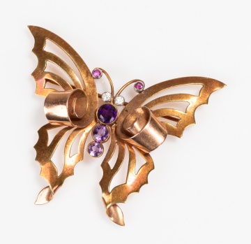 Retro 14K Rose Gold, Amethyst, Natural Ruby and Diamond Butterfly Brooch
